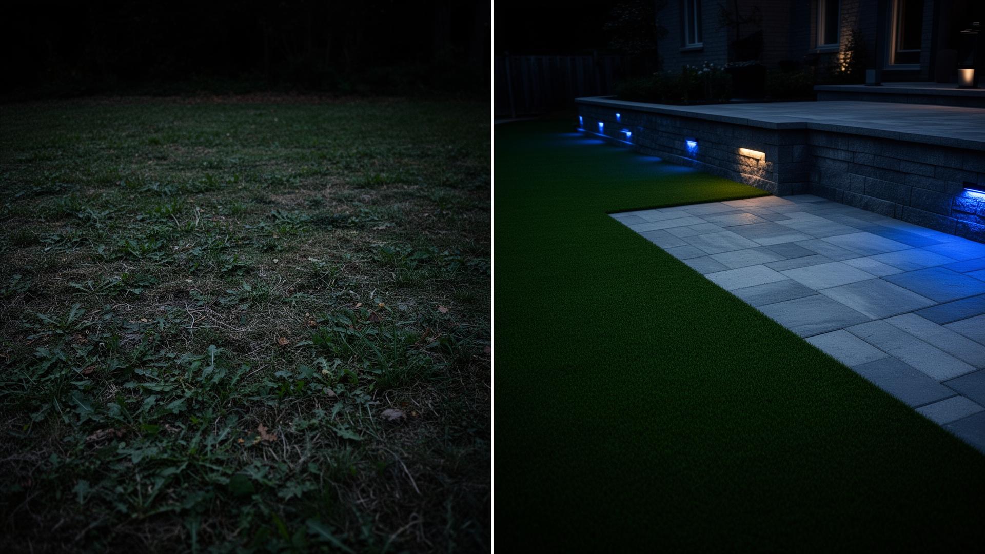 Before and after landscaping transformation — patchy lawn turned into a paver patio with retaining wall and modern outdoor lighting