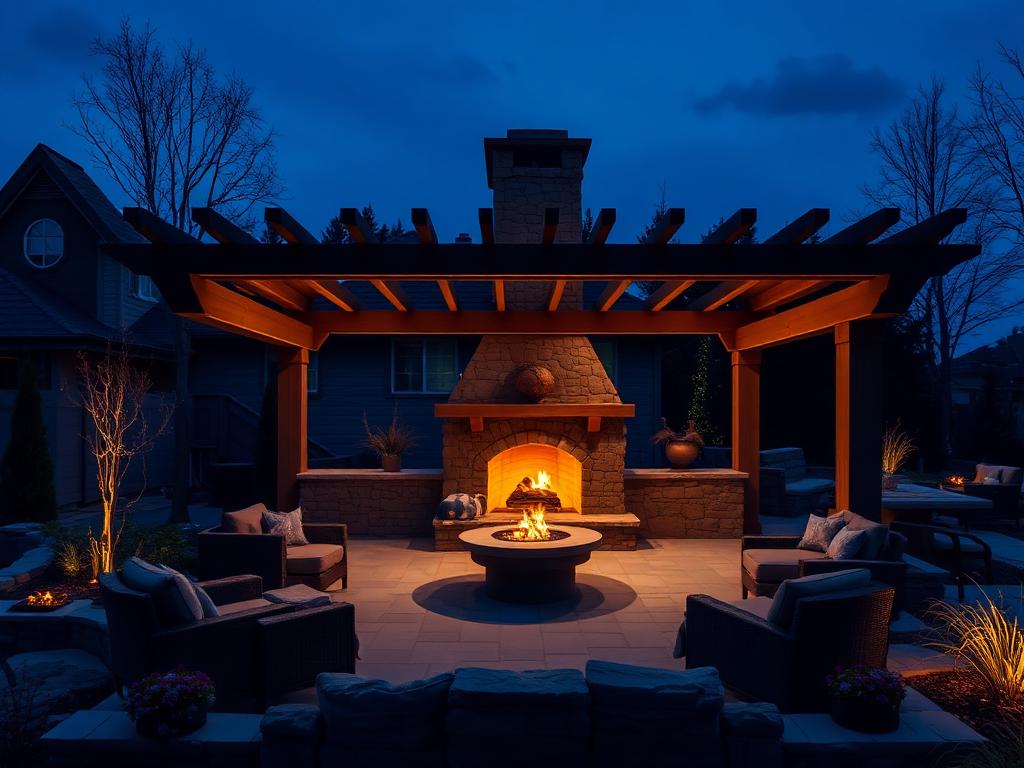 Outdoor pergola with stone fireplace